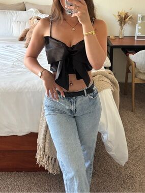 Altar'd State Black Satin Bow Top